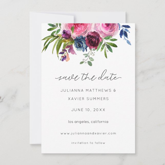 Burgundy Hot Pink & Navy Blue Save the Date (Vorderseite)
