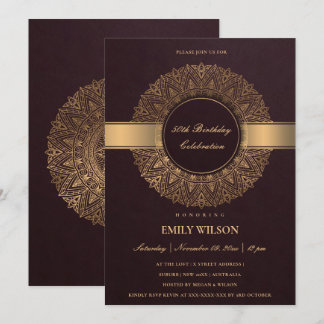 BURGUNDY IMITATS GOLD MANDALA JEDES JAHR 50. GEBUR EINLADUNG