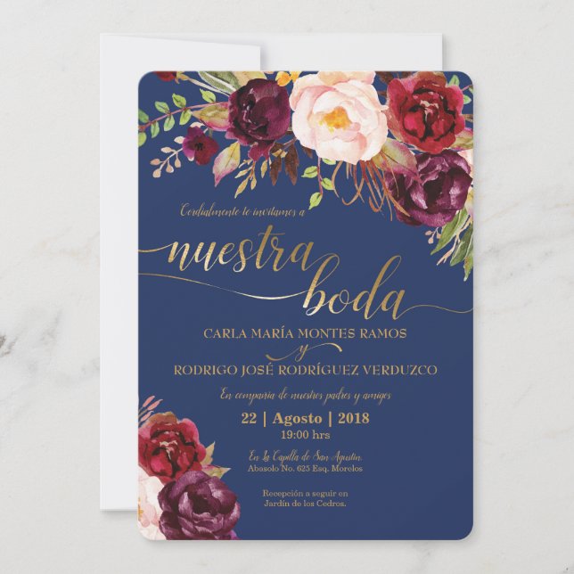 Burgundy Imitats Gold Spanish Wedding Einladung (Vorderseite)