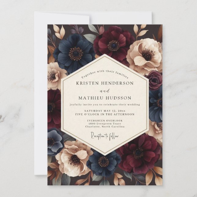 Burgundy Indigo Dramatic Wedding Einladung (Vorderseite)