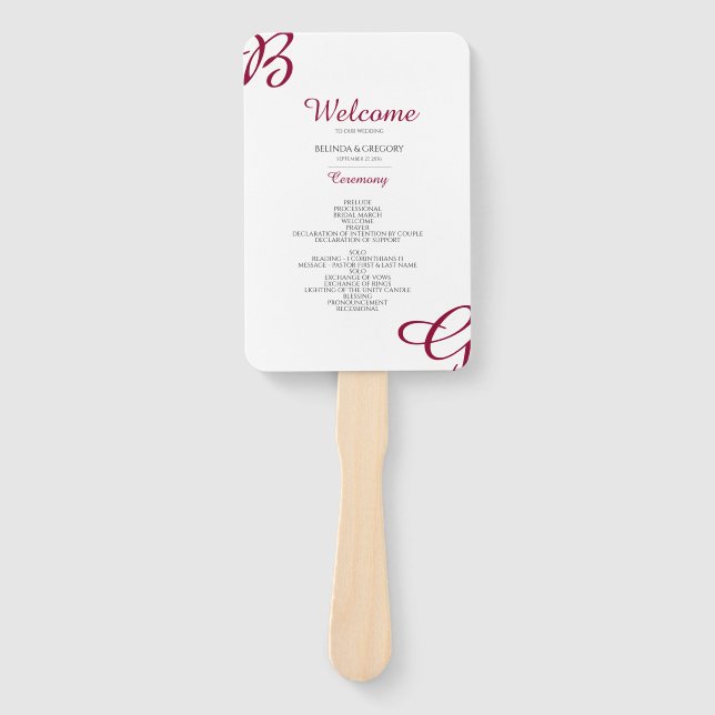 Burgundy Initials Herbstprogramm Hochzeit im Herbs Fächer (Vorderseite)