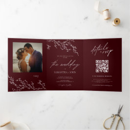 Burgundy & Ivory Botanical Elegant Wedding Dreifach Gefaltete Einladung