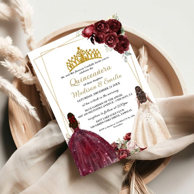 Burgundy & Ivory Butterfly Twin Quinceanera Einladung (Von Creator hochgeladen)
