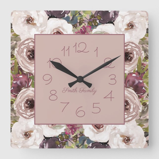 Burgundy Ivory Cream Floral  Quadratische Wanduhr (Vorderseite)