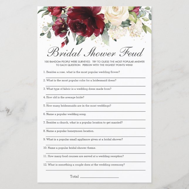 Burgundy Ivory Floral Brautparty Feud Game (Vorderseite)