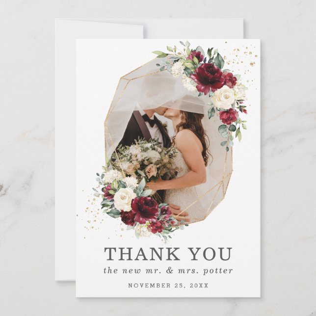 Burgundy Ivory Floral Gold Geometric Foto Hochzeit Dankeskarte (Vorderseite)