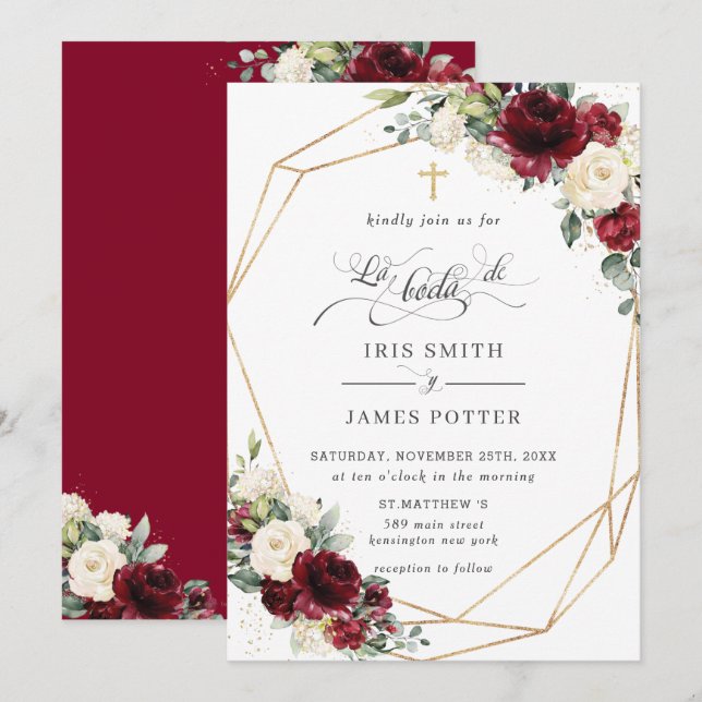 Burgundy Ivory Floral Rose Boda Spanish Wedding Einladung (Vorne/Hinten)