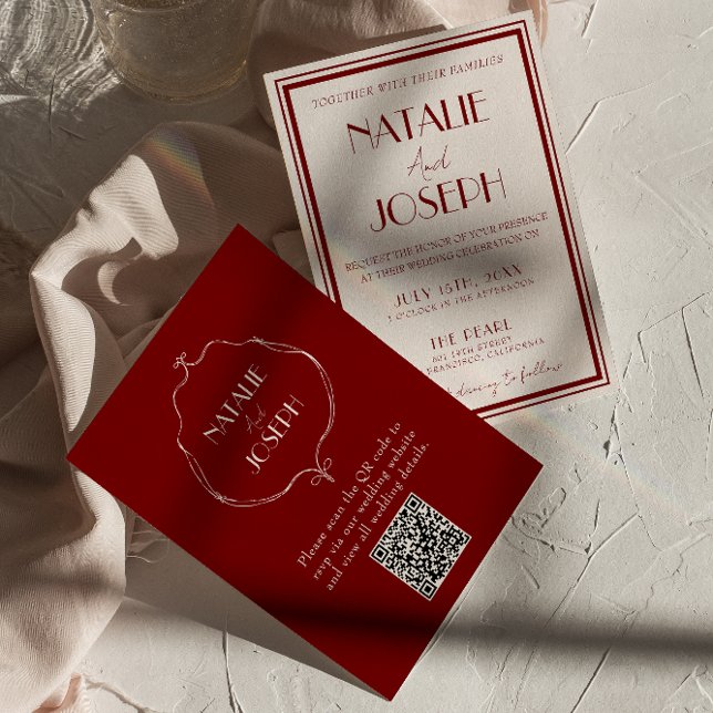 Burgundy Ivory Old Money Retro QR Code Wedding Einladung (Von Creator hochgeladen)