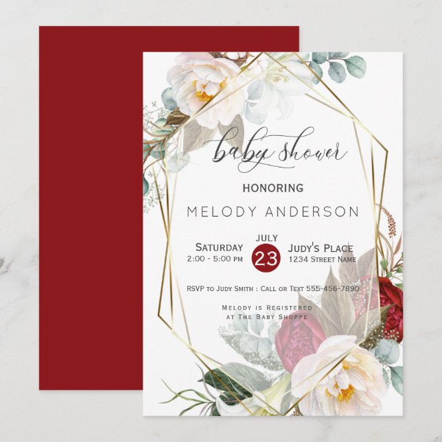 Burgundy Ivory Peonies Botanical Baby Shower Einladung (Vorne/Hinten)