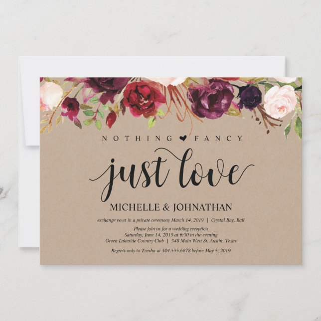 Burgundy Kraft Floral Elopement Empfang lädt ein Einladung (Vorderseite)
