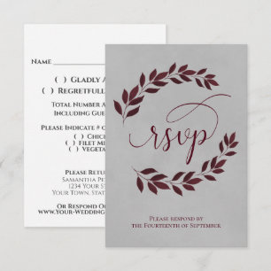 Burgundy Laurel Verlasse über die Hochzeit von Gra RSVP Karte