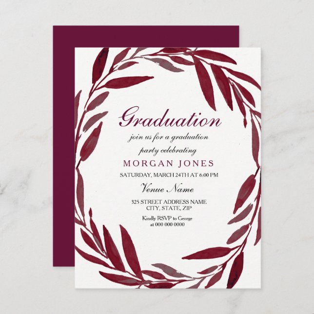 Burgundy Leaf Wreath Boy oder Girl Graduation Part Einladung (Vorne/Hinten)