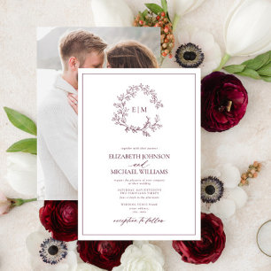 Burgundy Leafy Wappen Monogram Foto Wedding Einladung