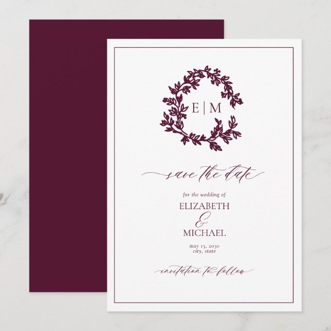 Burgundy Leafy Wappen Monogram Save the Date Einladung (Vorne/Hinten)