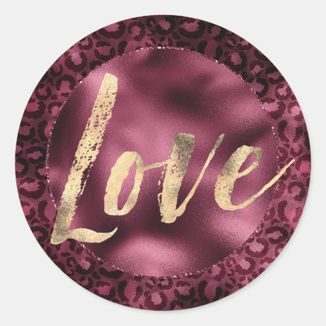 Burgundy Leopard Print Gold Liebe Runder Aufkleber (Vorderseite)