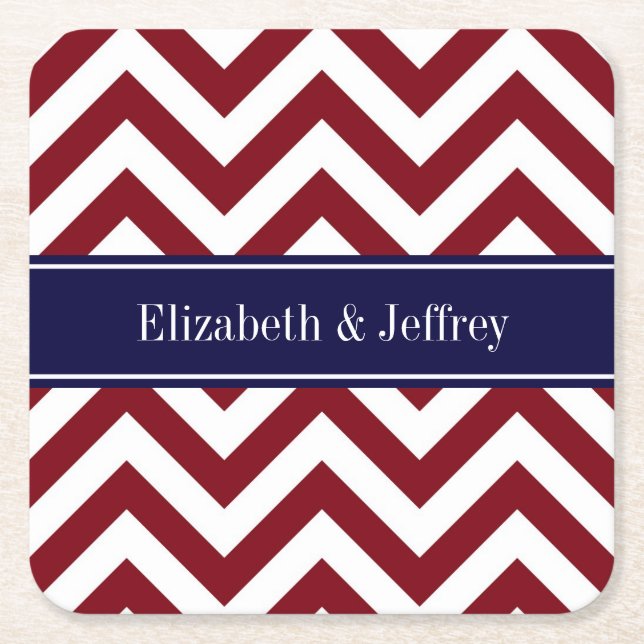 Burgundy Lg Zickzack Navy Name Monogram Rechteckiger Pappuntersetzer (Vorderseite)