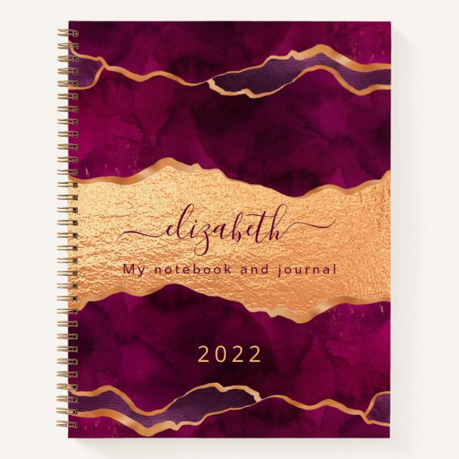 Burgundy lila agate Marmor Rose Gold Monogramm Notizbuch (Vorderseite)