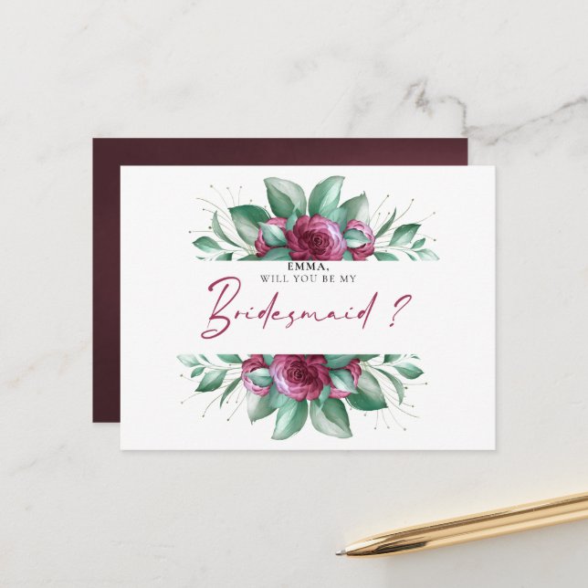 Burgundy Lila Ivory Floral Bridesmaid Postkarte (Vorderseite/Rückseite Beispiel)
