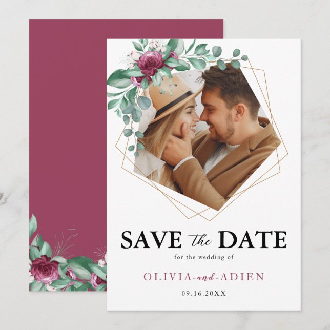 Burgundy Lila Ivory Floral Geometric Foto Save The Date (Vorne/Hinten)