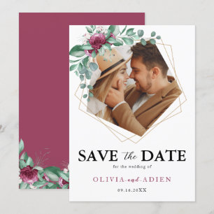 Burgundy Lila Ivory Floral Geometric Foto Save The Date