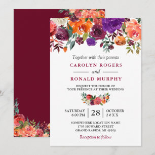 Burgundy Lila Orange Red Floral Wedding Einladung