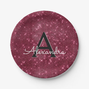 Burgundy Lila Sparkle Monogram Birthday Pappteller