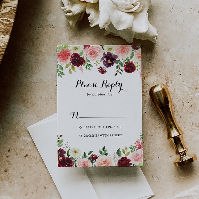 Burgundy Lila Spring Floral Calligraphy UAWG RSVP Karte (Von Creator hochgeladen)
