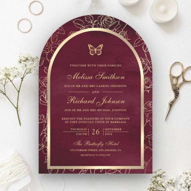 Burgundy Line Art Gold Arch Butterfly Hochzeit Einladung (Von Creator hochgeladen)