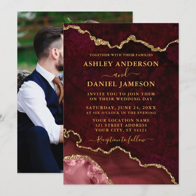 Burgundy Marble Agate Geode Foto Wedding Gold Einladung (Vorne/Hinten)