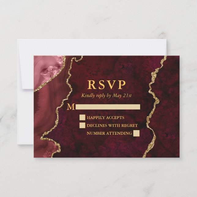 Burgundy Marble Agate Geode Wedding Gold RSVP Karte (Vorderseite)