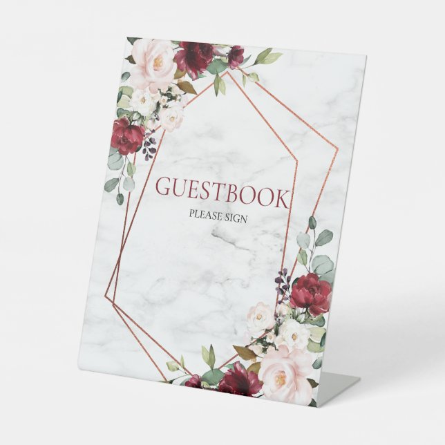 Burgundy Marble Geometric Guestbook Pedestelle Sig Sockelschild (Vorderseite)