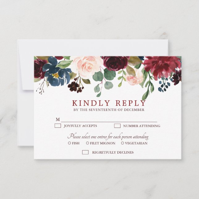 Burgundy Marine Rouge Floral Russe Boho RSVP (Devant)