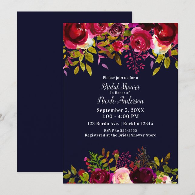 Burgundy Maroon Blue Fall Floral Brautparty Einladung (Vorne/Hinten)