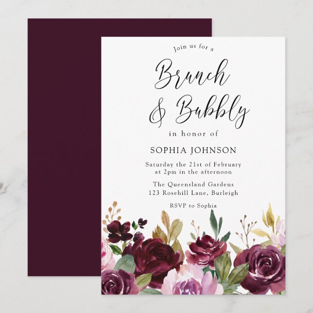 Burgundy Maroon Brunch & Bubbly Brautparty Einladung (Vorne/Hinten)
