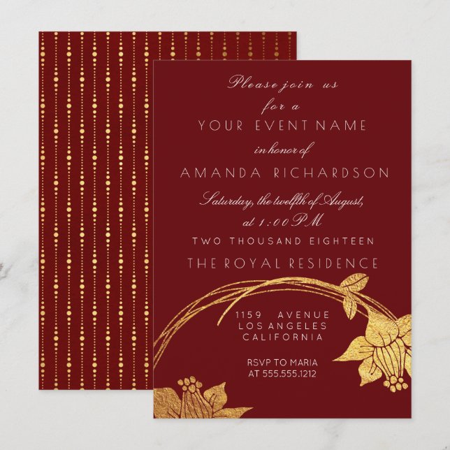 Burgundy Maroon Champaign Gold Floral Red Einladung (Vorne/Hinten)