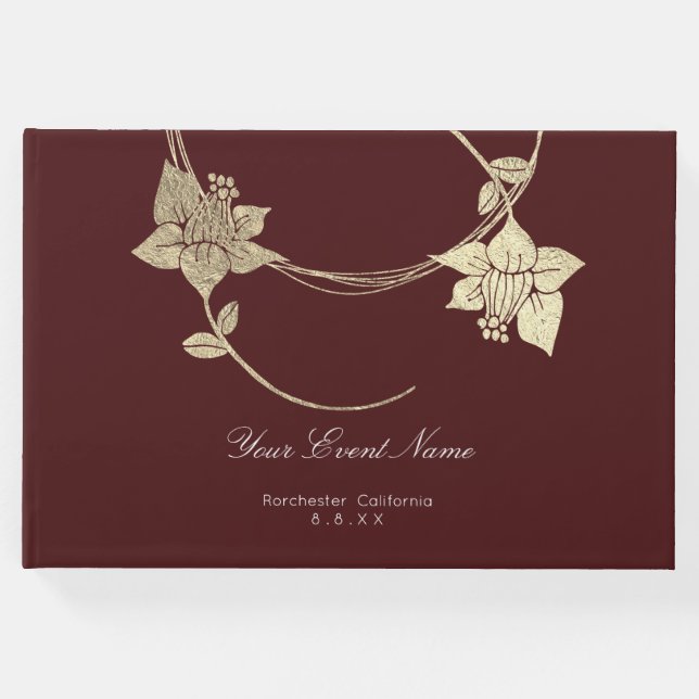 Burgundy Maroon Champaign Gold Floral Wedding Gästebuch (Vorderseite)