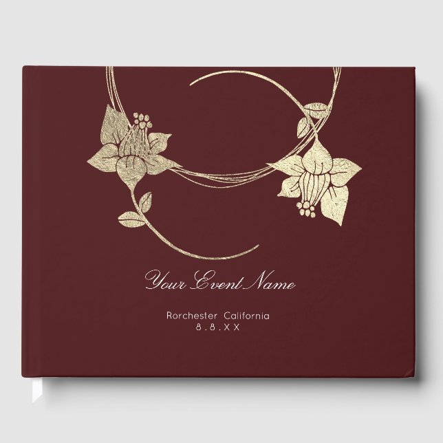 Burgundy Maroon Champaign Gold Floral Wedding Gästebuch (Vorderseite)