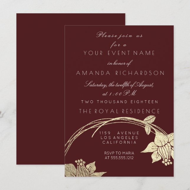 Burgundy Maroon Champaign Gold Floral Wreath Einladung (Vorne/Hinten)