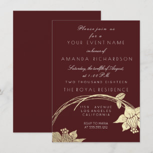 Burgundy Maroon Champaign Gold Floral Wreath Einladung