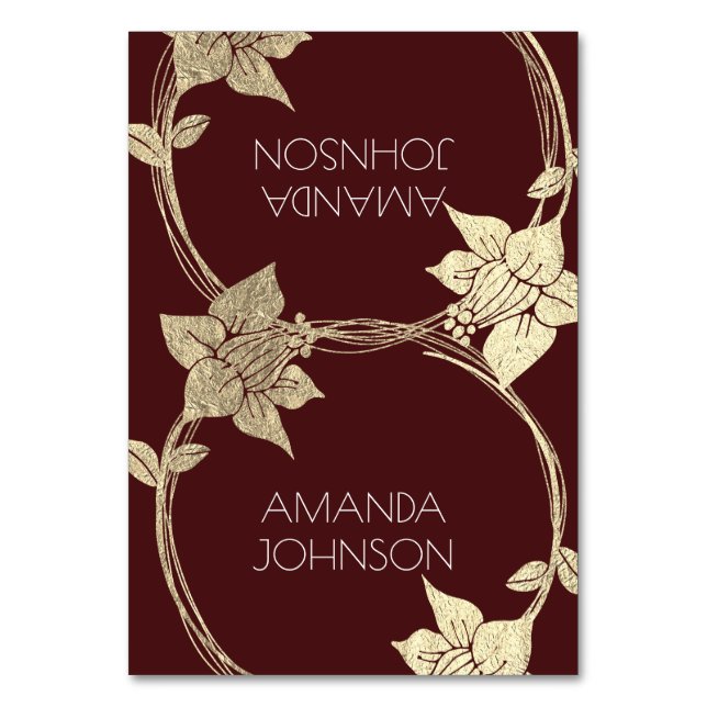 Burgundy Maroon Champaign Gold Floral Wreath Lux Tischnummer (Vorderseite)