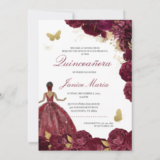 Burgundy Maroon Gold Floral Butterfly Quinceañera Einladung