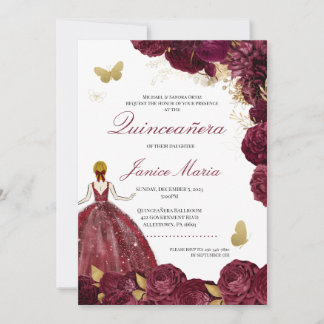 Burgundy Maroon Gold Floral Butterfly Quinceañera Einladung