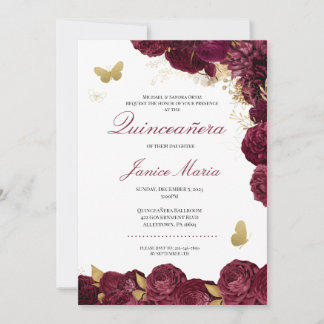 Burgundy Maroon Gold Floral Butterfly Quinceañera Einladung