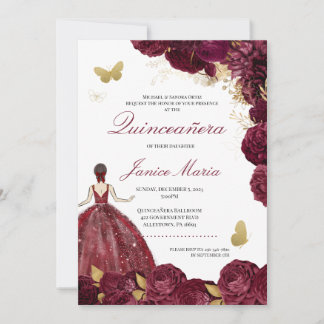 Burgundy Maroon Gold Floral Butterfly Quinceañera Einladung