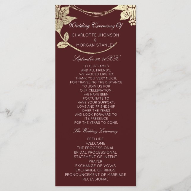 Burgundy Maroon Gold Floral Event Wedding Programm (Vorderseite)