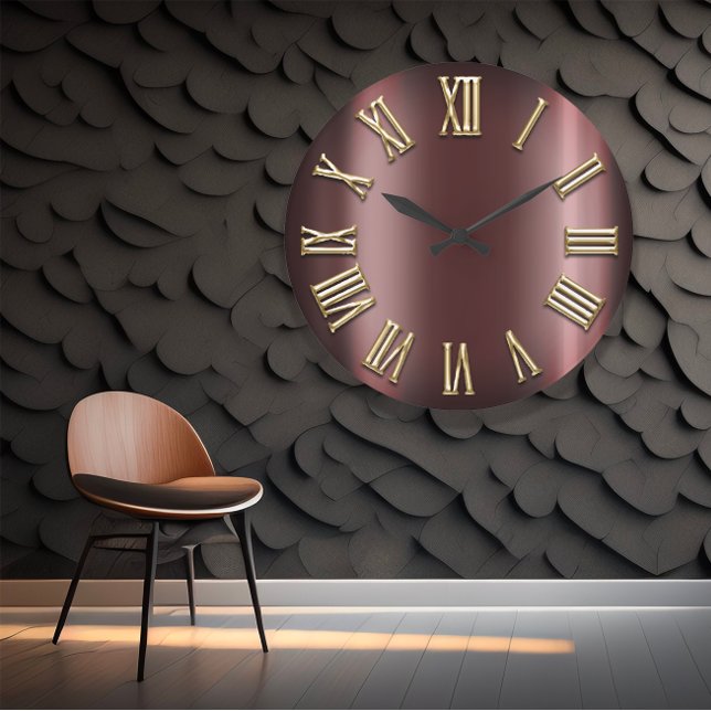 Burgundy Maroon Gold Metallic Roman Number Große Wanduhr (#BurgundyBeauty #MaroonMarvel #GoldGlamour #MetallicMajesty #RomanRefinement #TimelessTradition #Con)