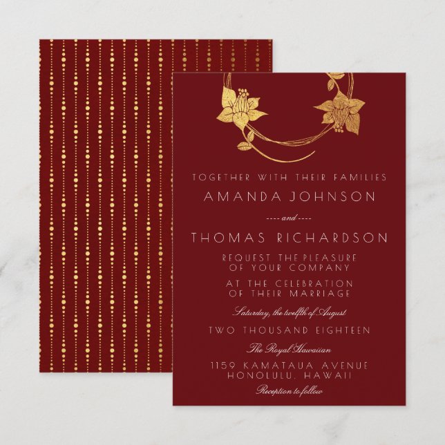 Burgundy Maroon Gold Wreath Vertical Gold Red Drop Einladung (Vorne/Hinten)