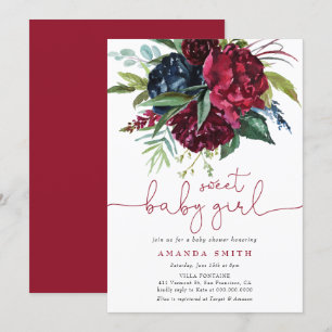 Burgundy Maroon Greenery Floral Girl Baby Shower Einladung