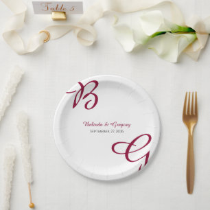 Burgundy Maroon Initials Herbst Hochzeit im Herbst Pappteller