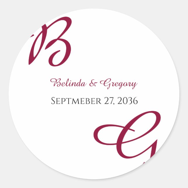 Burgundy Maroon Initials Herbst Hochzeit im Herbst Runder Aufkleber (Vorderseite)